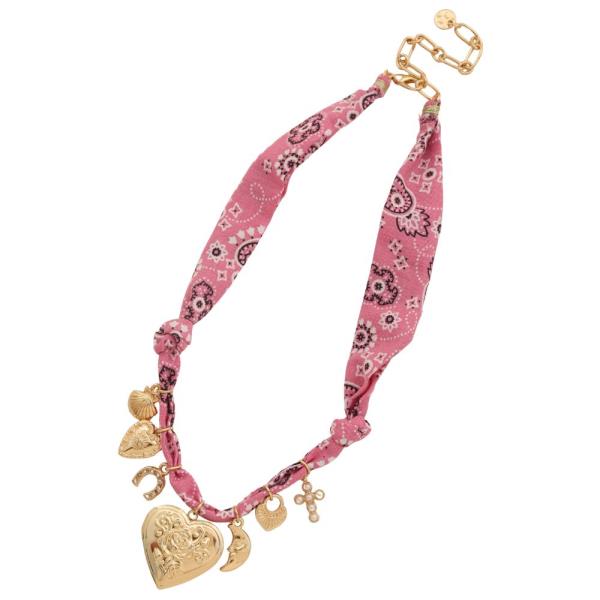 HEART LOCKET MULTI CHARM FABRIC NECKLACE