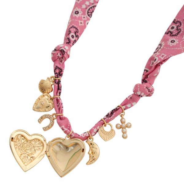 HEART LOCKET MULTI CHARM FABRIC NECKLACE