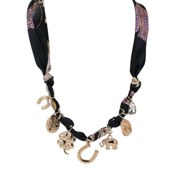 HORSESHOE WESTERN MIXED MULTI CHARMS FABRIC SCARF NECKLACE