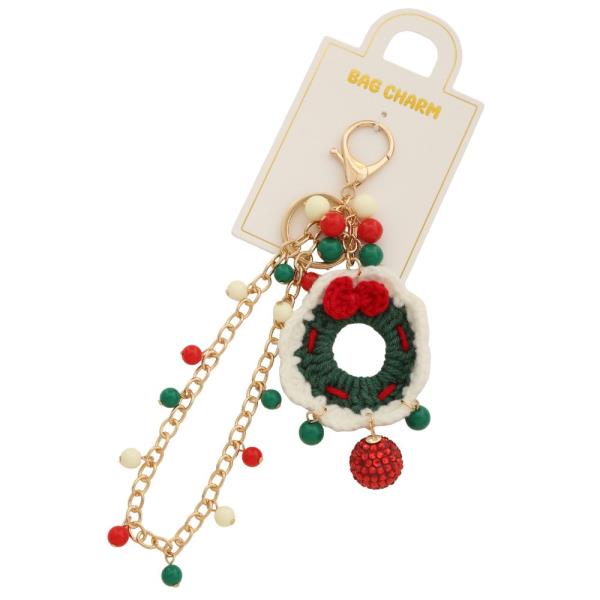 CHRISTMAS CROCHET WREATH BEADED CHAIN BAG CHARM KEYCHAIN