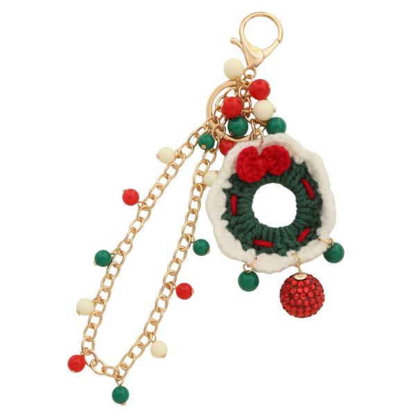 CHRISTMAS CROCHET WREATH BEADED CHAIN BAG CHARM KEYCHAIN