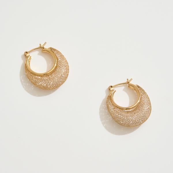 14K GOLD DIPPED TEXTURED MESH PIN CATCH HOOP EARRING