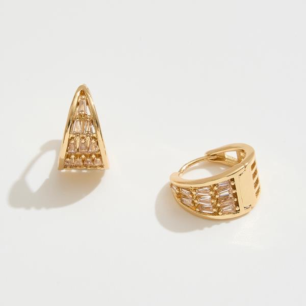 14K GOLD DIPPED GEOMETRIC HUGGIE HOOP CUBIC ZIRCONIA PAVED EARRING