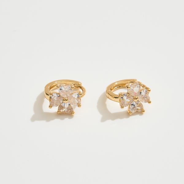 14K GOLD DIPPED FLORAL DESIGN HUGGIE HOOP CUBIC ZIRCONIA PAVED EARRING