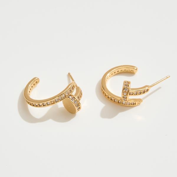 14K GOLD DIPPED CROSSOVER POST HOOP CUBIC ZIRCONIA PAVED EARRING
