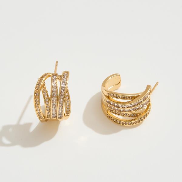14K GOLD WHITE GOLD DIPPED LAYERED POST HOOP CUBIC ZIRCONIA PAVED EARRING