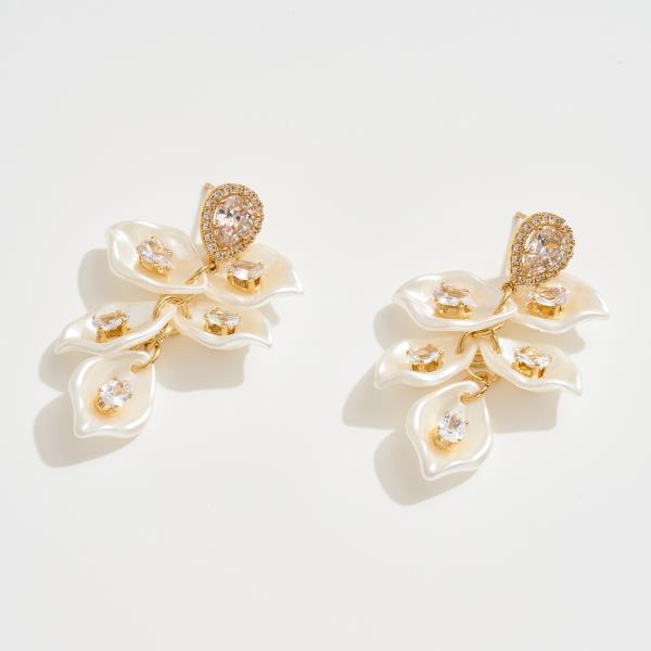 14K GOLD DIPPED PEARL PETAL TEARDROP CUBIC ZIRCONIA PAVED EARRING