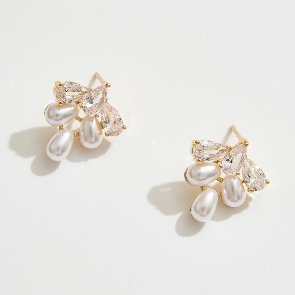 14K GOLD WHITE GOLD DIPPED ELEGANT PEARL CUBIC ZIRCONIA PAVED EARRING