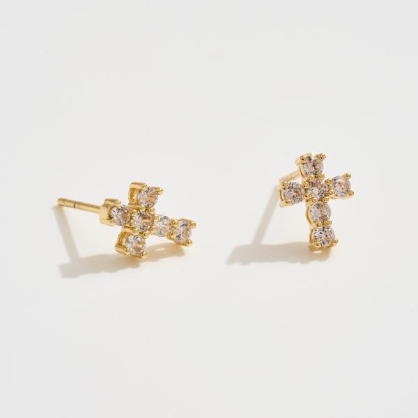 14K GOLD DIPPED CROSS STUD CUBIC ZIRCONIA PAVED EARRING