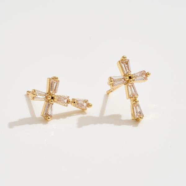 14K GOLD DIPPED CROSS CUBIC ZIRCONIA PAVED EARRING