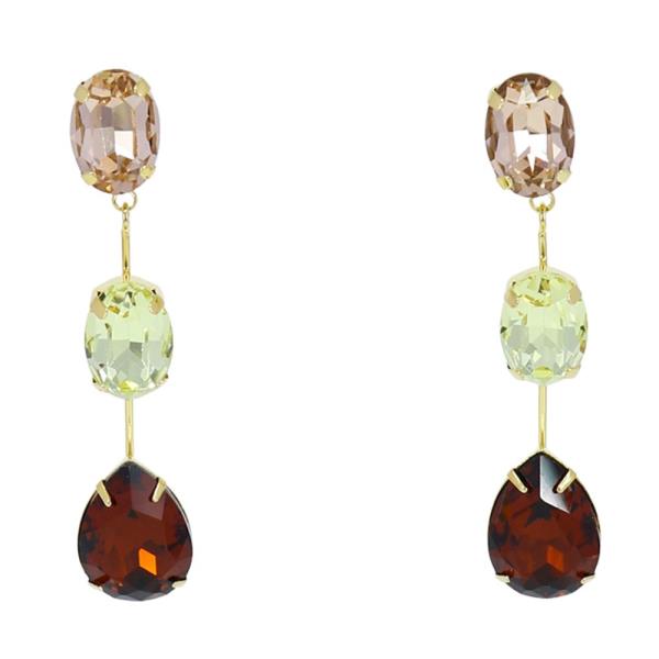 TRI CRYSTAL LINK METAL BAR DANGLE EARRING