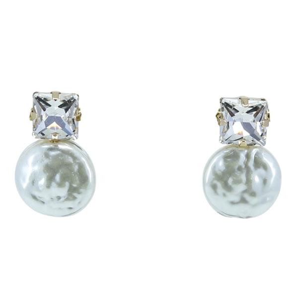 SQUARE CRYSTAL ROUND PEARL BEAD EARRING