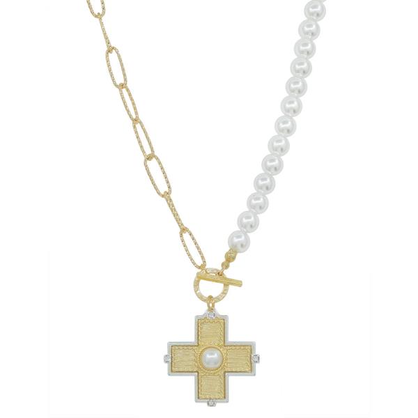 HALF CHAIN WITH 8MM PEARL BODY TEXTURED CROSS PEARL PENDANT SHORT NECKLACE