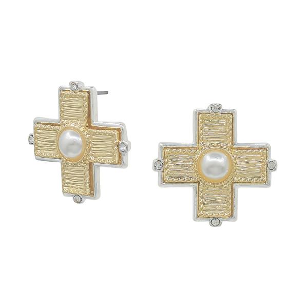 TEXTURED METAL CROSS MOTHER OF PEARL ACCENT POST EARRINGS