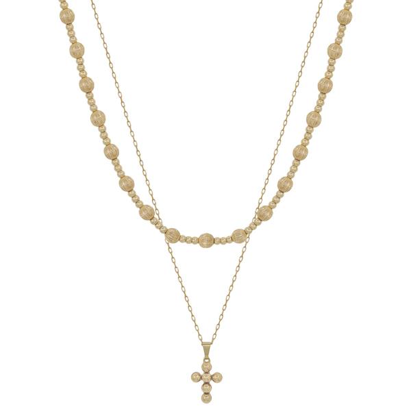 2 LAYERED TEXTURED CCB BODY & CROSS PENDANT SHORT NECKLACE