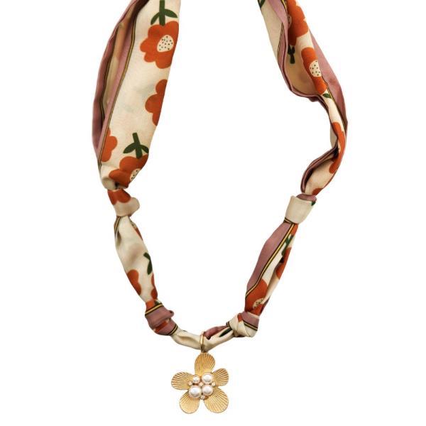 FLOWER PEARL BEAD FLORAL PATTERN SCARF NECKLACE
