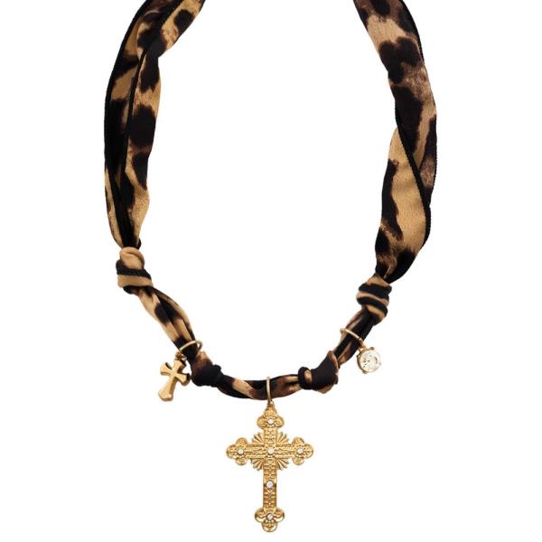 CROSS PENDANT ANIMAL PRINT PATTERN SCARF NECKLACE