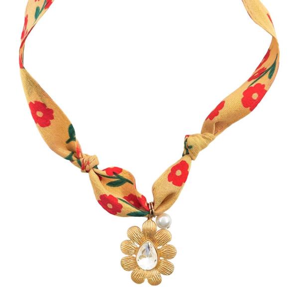 FLOWER TEARDROP CRYSTAL PENDANT FLORAL PATTERN SCARF NECKLACE