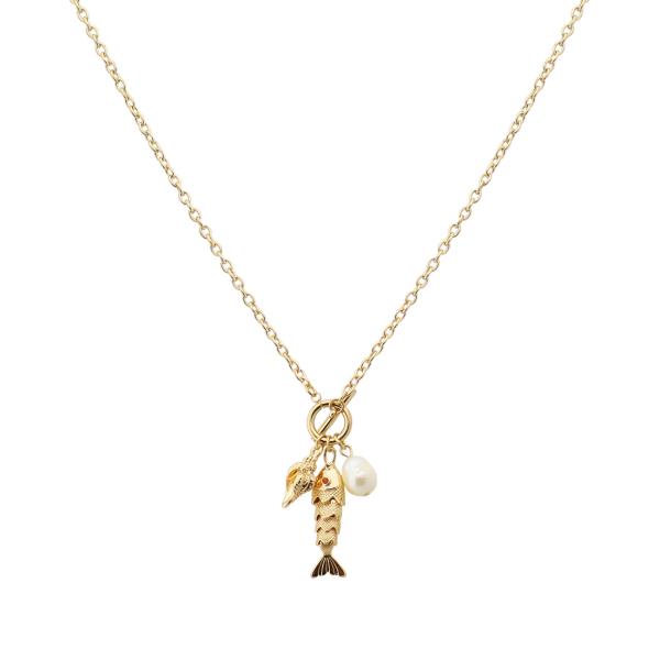 DAINTY FISH CHARM PEARL BEAD NECKLACE