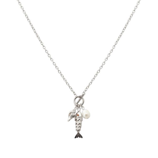 DAINTY FISH CHARM PEARL BEAD NECKLACE