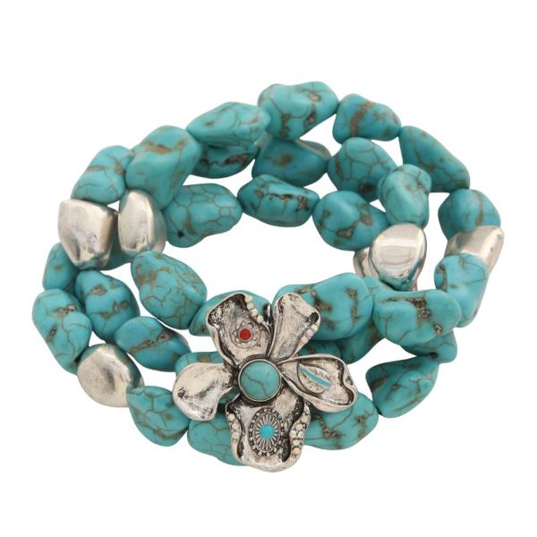 WESTERN STYLE METAL FLOWER TURQUOISE BEAD BRACELET SET