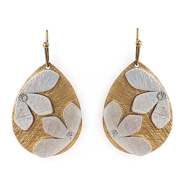 TEARDROP FLOWER PATTERN BRUSHED METAL DANGLE EARRING