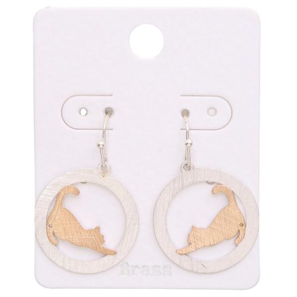 TWO TONE ROUND BRUSH  METAL CAT DANGLE EARRING