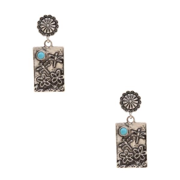 TURQUOISE BEAD RECTANGLE SHAPE METAL EARRING