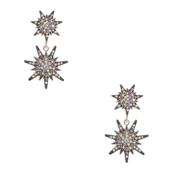 DOUBLE FLOWER RHINESTONE METAL DANGLE EARRING