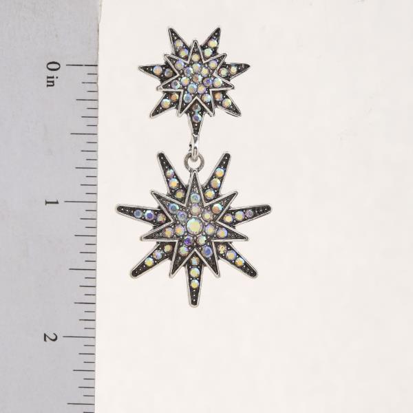 DOUBLE FLOWER RHINESTONE METAL DANGLE EARRING