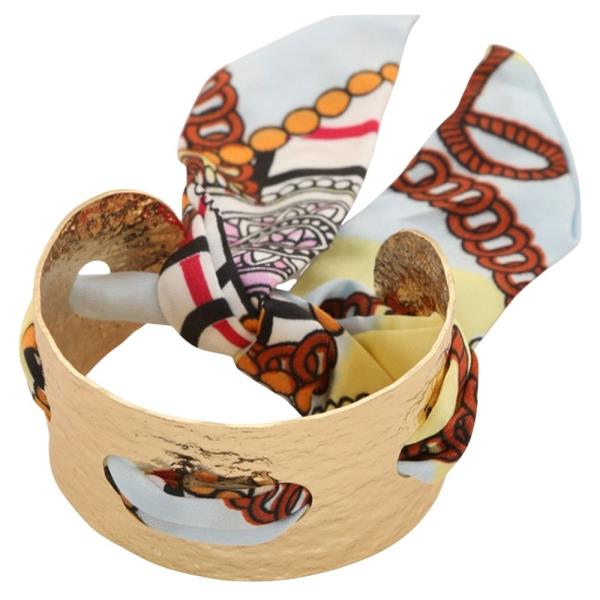 SCARF PATTERN SATIN RIBBON TEXTURED METAL CUFF BRACELET