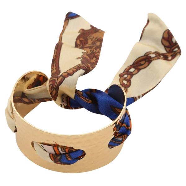 SCARF PATTERN SATIN RIBBON TEXTURED METAL CUFF BRACELET