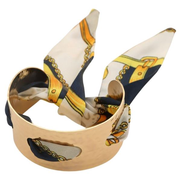 SCARF PATTERN SATIN RIBBON TEXTURED METAL CUFF BRACELET