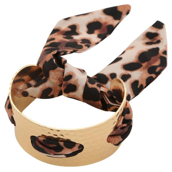 LEOPARD PRINT SATIN RIBBON TEXTURED METAL CUFF BRACELET
