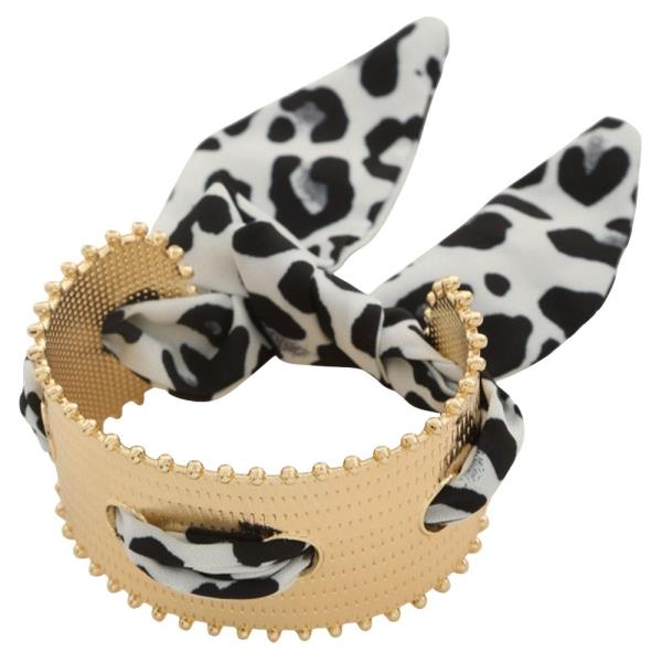 LEOPARD PRINT SATIN RIBBON TEXTURED METAL CUFF BRACELET