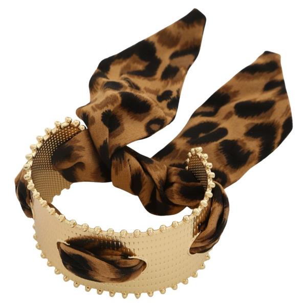 LEOPARD PRINT SATIN RIBBON TEXTURED METAL CUFF BRACELET