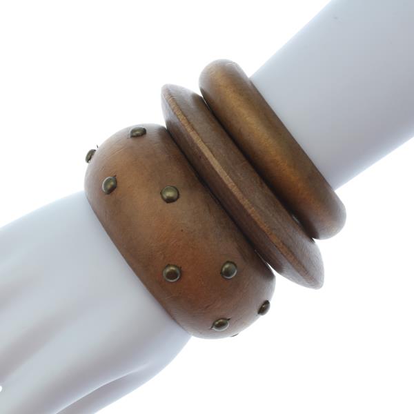 WOODEN STUDDED STACKED BANGLE BRACELET SET