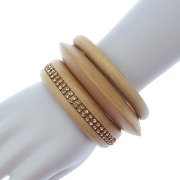WOODEN RHINESTONE ACCENT STACKED BANGLE BRACELET SET