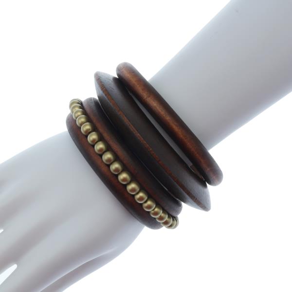 WOODEN METAL BEAD STACKED BANGLE BRACELET SET