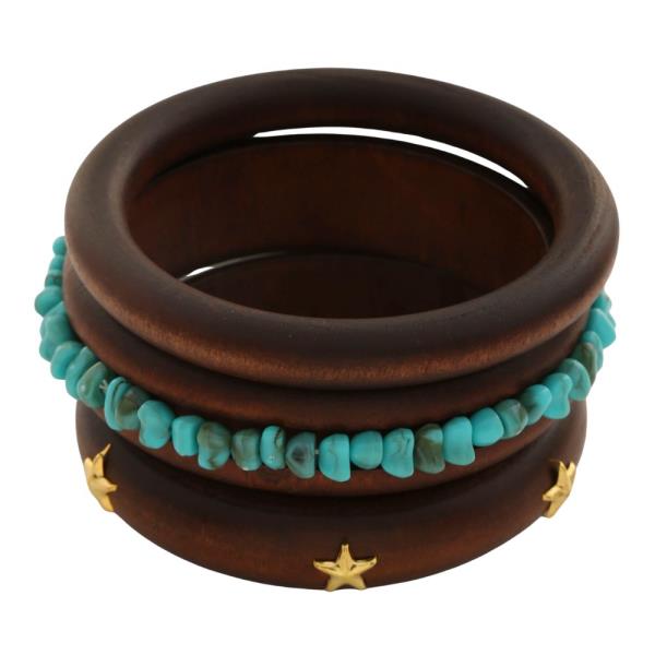 WOODEN STAR BEAD STACKED BANGLE BRACELET SET