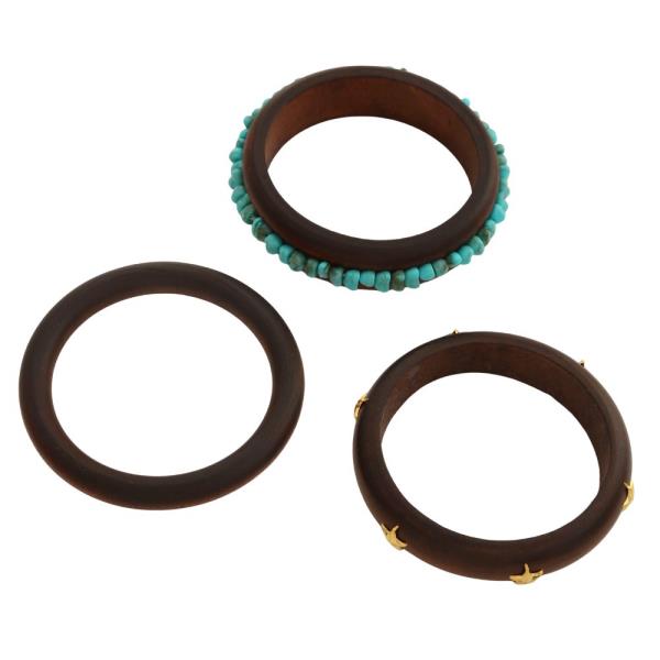 WOODEN STAR BEAD STACKED BANGLE BRACELET SET