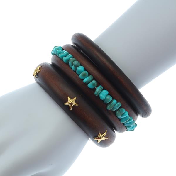 WOODEN STAR BEAD STACKED BANGLE BRACELET SET