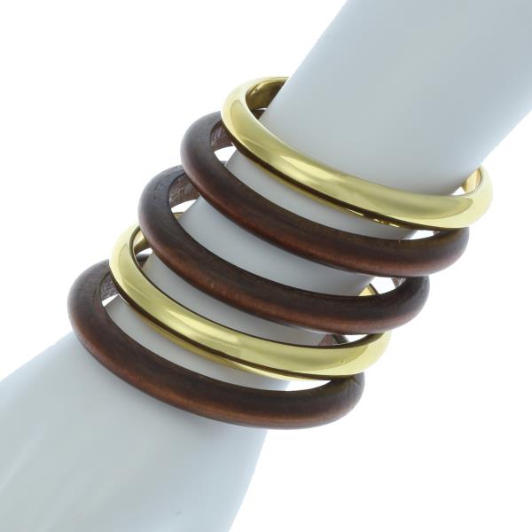 MIXED METAL WOODEN MULTI BANGLE BRACELET SET