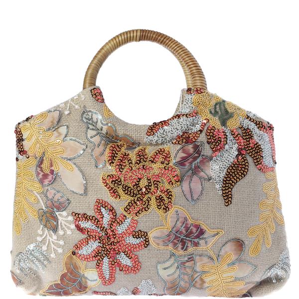 LEAF AND FLOWER DESIGN HANDLE TOTE BAG