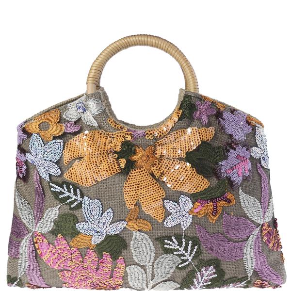 LEAF AND FLOWER DESIGN HANDLE TOTE BAG