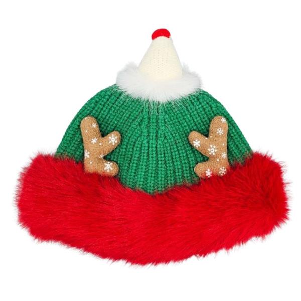 CHRISTMAS KNIT REINDEER ANTLER FUR TRIM WINTER HAT