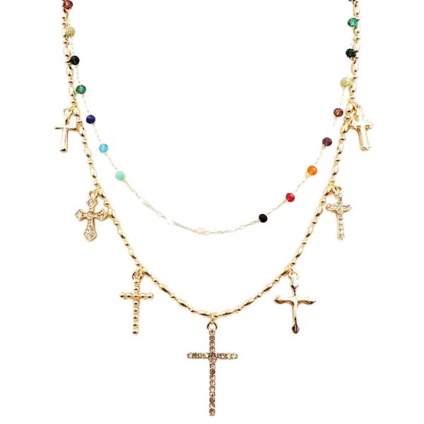 MULTI CROSS CHARM BEADED LAYERED NECKLACE