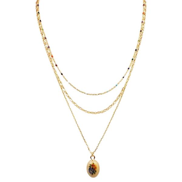 OVAL FLORAL PATTERN LAYERED METAL NECKLACE