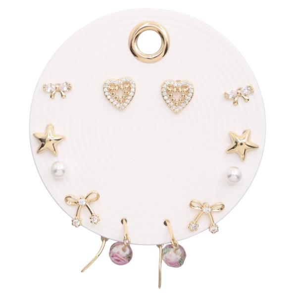 HEART RIBBON BOW STAR PEARL BEAD METAL ASSORTED EARRING SET