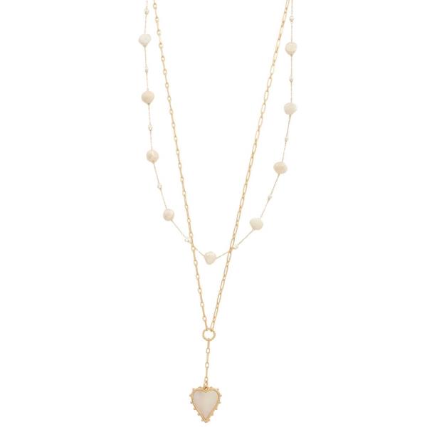 HEART CHARM PEARL BEAD LAYERED METAL NECKLACE